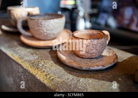 Original textured mugs. Handmade drinkware.. ceramic cups Stock Photo