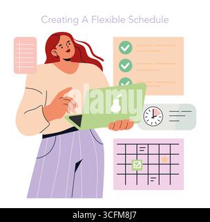 "Vector illustration of a woman organizing a flexible work schedule with digital tools and calendar icons." Stock Vector