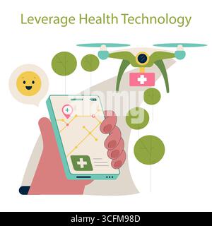 Vector illustration of a drone delivering medical supplies, with a mobile device showing a health app. Highlights the integration of technology in healthcare solutions. Stock Vector