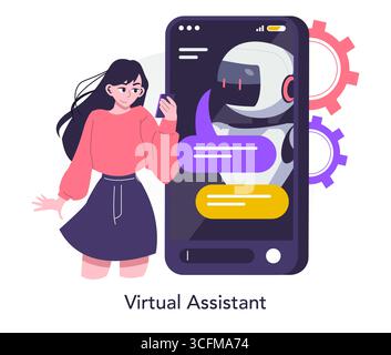 Vector illustration shows a woman interacting with a virtual assistant on her smartphone. The image highlights technology communication, with the assistant displayed on a large screen. Stock Vector