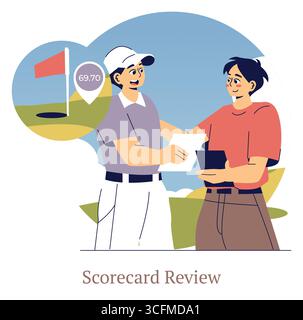 Two golfers reviewing a scorecard with a golf course in the background. The illustration captures the moment of score evaluation, with expressions of concentration and friendliness. Stock Vector