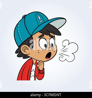 An illustration of a boy coughing and wearing a red shirt and a blue cap Stock Vector