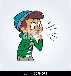 An illustration of a boy coughing and wearing a green hoodie and blue cap Stock Vector