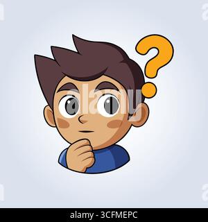 An illustration of a boy with a question mark hand under his chin Stock Vector