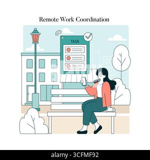 Vector illustration of a woman sitting on a park bench, managing tasks on her smartphone. A task board is visible in the background, conveying remote work themes and outdoor coordination. Stock Vector