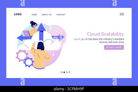 Vector illustration depicting cloud scalability with two people interacting with digital elements. One person points towards arrows symbolizing growth and expansion in cloud technology. Stock Vector
