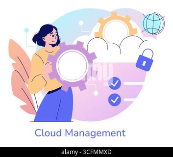 Vector illustration depicting a woman interacting with cloud management symbols like gears and locks, emphasizing data security and operational efficiency. Ideal for digital resources. Stock Vector
