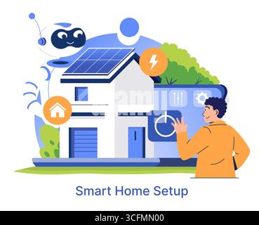 Vector illustration of a person interacting with a smart home setup, featuring solar panels and robotic technology, highlighting modern home automation and eco-friendly technology. Stock Vector