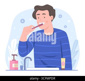 Happy Young Man Brushing Teeth for Dental Healthcare and Daily Hygienic Lifestyle Routine Concept Illustration Stock Vector