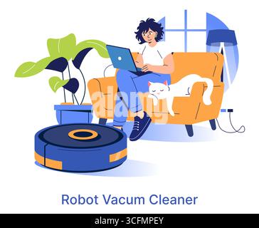 Vector illustration of a person using a laptop on an orange sofa, accompanied by a relaxed white cat. A robot vacuum cleaner operates on the floor nearby, highlighting home automation. Stock Vector