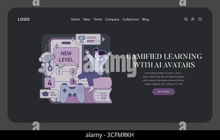 Vector illustration showcasing gamified learning using AI avatars. A person celebrates a new level achievement alongside a friendly robot, highlighting interactive e-learning elements. Stock Vector