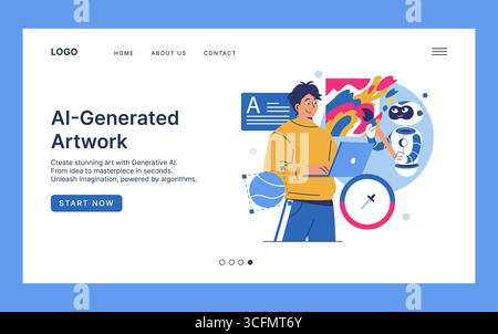 Vector illustration featuring a person creating art with AI assistance. Displays a collaborative scene where a human and robot engage in a creative process on a digital platform. Stock Vector