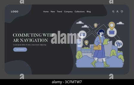 A modern vector illustration depicting a person using augmented reality navigation while commuting in a cityscape. The image highlights the integration of technology in urban mobility. Stock Vector
