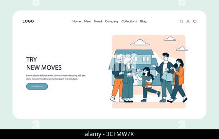 Family reunion with elderly parents welcoming adult children outside their home, depicted in a modern, flat color vector illustration style. Stock Vector