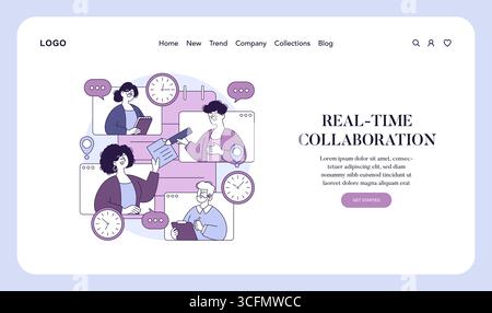 Vector illustration shows a group of diverse people collaborating in real-time. Characters appear engaged in communication through online tools, enhancing team productivity and efficiency. Stock Vector