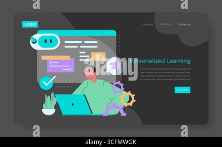 Vector illustration showing a person engaging in personalized learning on a laptop. Includes educational software interface with code snippets and icons representing online learning tools. Stock Vector