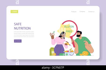 Vector illustration depicting two people discussing gluten-free nutrition. They are surrounded by healthy food items like fruits and vegetables, highlighting a gluten-free lifestyle. Stock Vector