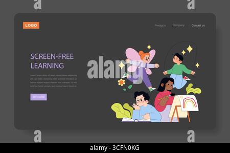 Vector illustration featuring children engaged in screen-free activities. Includes reading, painting, skipping rope, and pretend play. Emphasis on teamwork and creativity in a learning environment. Stock Vector
