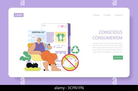Vector illustration depicting a person embracing conscious consumerism through sustainable shopping. Features eco-friendly symbols, a relaxed expression, and a shopping list. Stock Vector