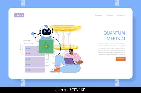 Vector illustration of a programmer using a laptop, seated beside a friendly robot in a futuristic setting. Quantum AI technology concept emphasized with dynamic connection imagery. Stock Vector