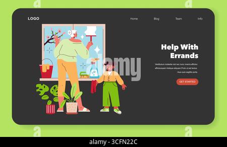 Vector illustration of two people cleaning a window together, highlighting teamwork in household chores. This is part of a website landing page for an errands service. Stock Vector