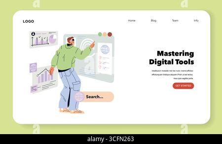 Tomorrow Work concept. Young man interacts with digital interface while searching and analyzing information using advanced tools. Future workplace focuses on technology, innovation, and productivity. Vector illustration. Stock Vector