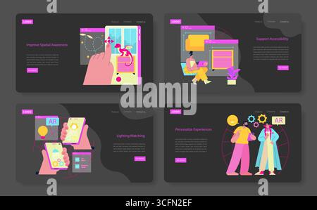 Vector illustration set showcasing the use of augmented reality in improving spatial awareness, supporting accessibility, and personalizing experiences. Includes interactive elements. Stock Vector