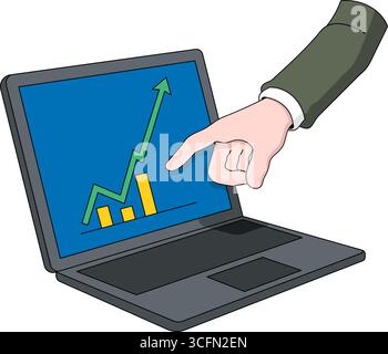 Vector illustration of a business hand pointing at a laptop screen showing an upward trend chart with bars and arrow Stock Vector