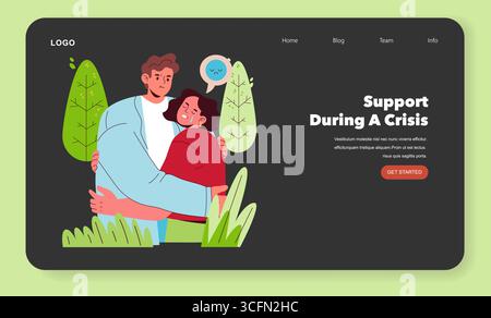 Vector illustration of two people sharing a comforting hug in a support-centric setting featuring a message of care during a crisis. One person is visibly emotional, while the other offers support. Stock Vector