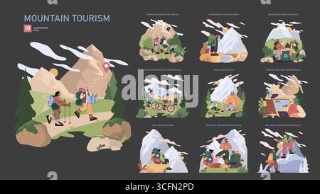 Mountain tourism set. People enjoy hiking, mountain biking, family adventures, camping, photography, sustainable practices and mindfulness on scenic trails surrounded by peaks. Vector illustration. Stock Vector