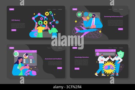 Set of vector illustrations depicting skill mastery, performance data review, VR assessments, and knowledge retention. Vibrant visuals show teamwork, technology, and innovation. Stock Vector