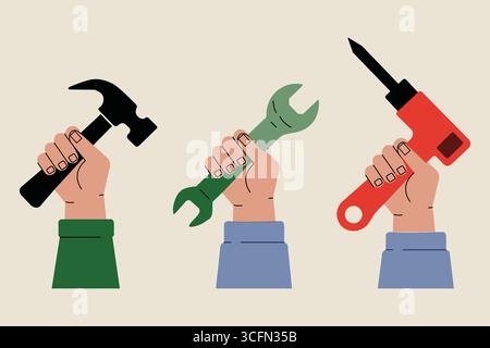 Three Hands Holding Tools – Hammer, Wrench, Screwdriver Labor Concept Art Stock Vector