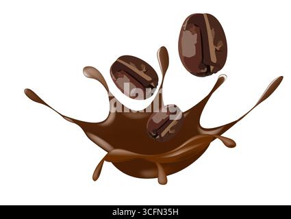 Three roasted coffee beans interacting with splashing of brown liquid, Dynamic composition suggests movement when bean being dropped into chocolate Stock Vector