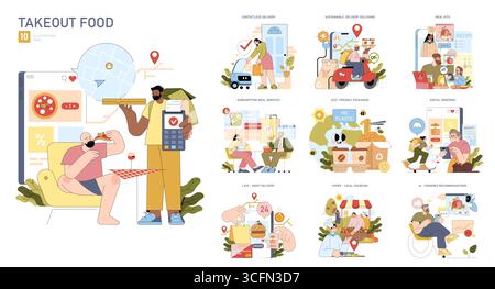 Vector illustration set showcasing diverse takeout food concepts, including sustainable delivery, subscription meals, and digital ordering. Emphasizes modern food service solutions. Stock Vector
