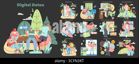 Digital Detox set. Series illustrating people engaging in various offline activities to break from digital devices, promoting relaxation and creativity in nature-themed and diverse settings. Vector illustration. Stock Vector