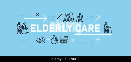 Elderly Care banner illustration support for older adults including person in wheelchair caregiver healthcare retirement house assistance pension Stock Vector