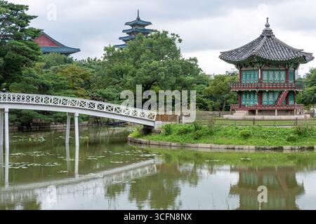 Hyangwonjeong Pavilion, a two stories hexagonal pavilion located on an artificial island in Hyangwonji Pond within Gyeongbokgung Palace in Seoul, Sout Stock Photo