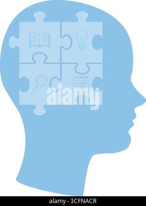 Silhouette of blue human head with puzzle pieces and science icons of book, light bulb, magnifying glass etc. Abstract conceptual illustration for edu Stock Vector