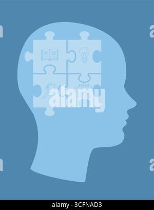 Silhouette of blue human head with puzzle pieces and science icons of book, light bulb, magnifying glass etc. Abstract conceptual illustration for edu Stock Vector