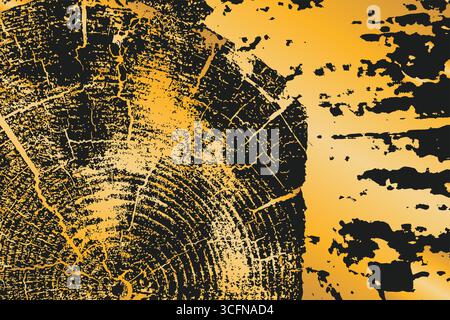 High resolution illustration of gold tree trunk cross section with detailed growth rings and natural cracks. Artistic wood grain texture in contrastin Stock Vector