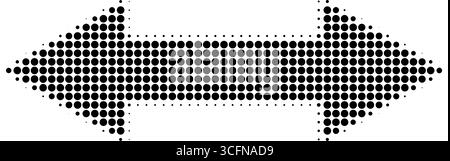 Abstract retro illustration of round halftone double sided arrow pointing left and right. Black circular dot pattern, geometric arrow shapes. Minimali Stock Vector