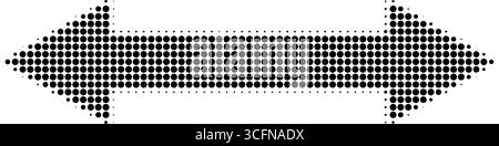 Abstract retro illustration of round halftone double sided arrow pointing left and right. Black circular dot pattern, geometric arrow shapes. Minimali Stock Vector