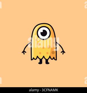 Cute Yellow Monster Cartoon Vector in yellow, white, and black on soft orange background Stock Vector