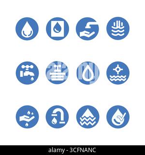 12 Simple Water Icon Vectors Set in blue and white on white background Stock Vector