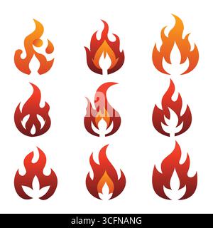 9 Simple Fire Icon Vectors Set in red, orange and yellow gradation on white background Stock Vector