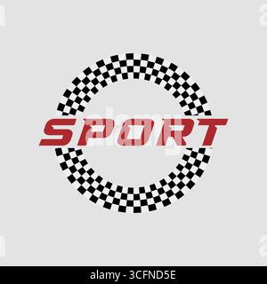 Vector racing logo featuring a circular checkered flag pattern and bold red SPORT text. Stock Vector