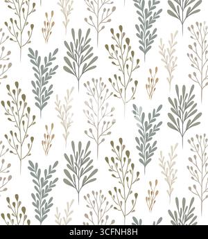 Vector seamless scandinavian pattern with twigs on white background. Nature texture with stems with leaves in pastel soft colors for wallpaper, wrappi Stock Vector