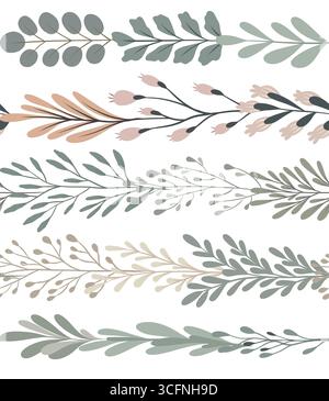 Vector set of seamless scandinavian borders with twigs isolated from background. Nature collection of horizontal friezes with stems with leaves Stock Vector