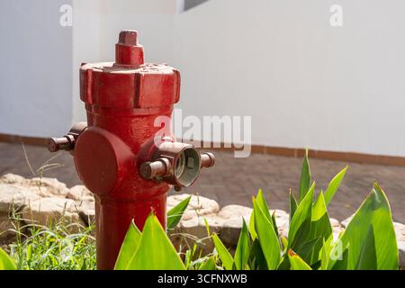 Red fire hydrant on a street in Egypt, close up. Fire hydrant or water plug provide the water required by fire fighters to extinguish a fire Stock Photo