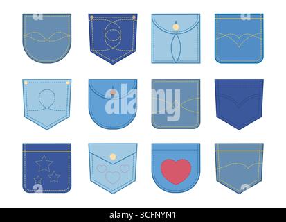 Collection of blue jeans pockets. Denim pocket patches isolated on white background. Vector illustration Stock Vector